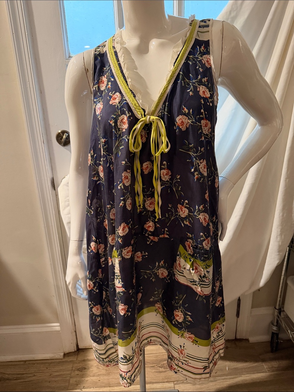 Johnny Was Navy Floral A-Line Dress with Lime Trim